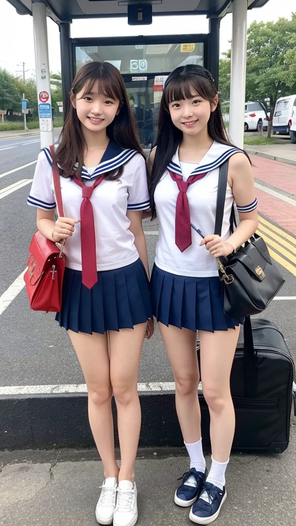 Two girls standing at a crowded bus stop,Sailor suit School swimsuit,Red tie,Small school bag,18-year-old,bangs,Smile a little,Thighs,knees,share,s