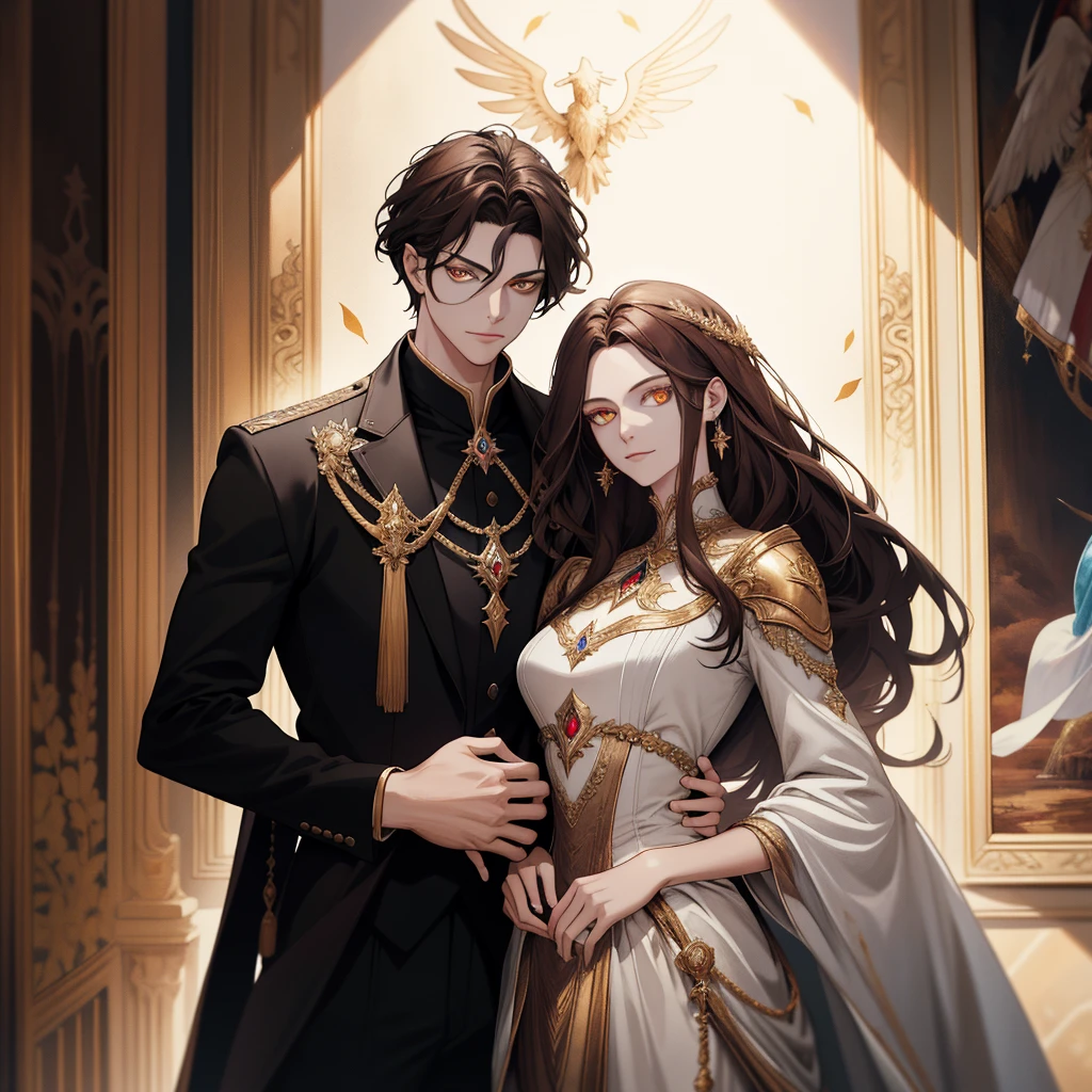 (absurd, high resolution, ultra detailed), When I noticed a painting on the wall.
It was a portrait of my family.
Zephyr stood beside. Valendrya. Her Dark hair and golden eyes highly resembled me.
I stood in front of her With Valsendrake and Icarus standing beside me.
painting