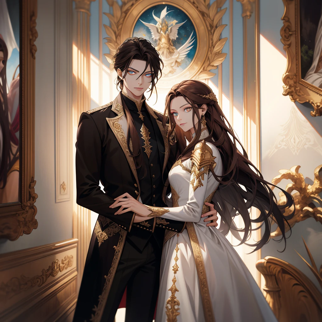 (absurd, high resolution, ultra detailed), When I noticed a painting on the wall.
It was a portrait of my family.
Zephyr stood beside. Valendrya. Her Dark hair and golden eyes highly resembled me. 
I stood in front of her With Valsendrake and Icarus standing beside me. 
painting