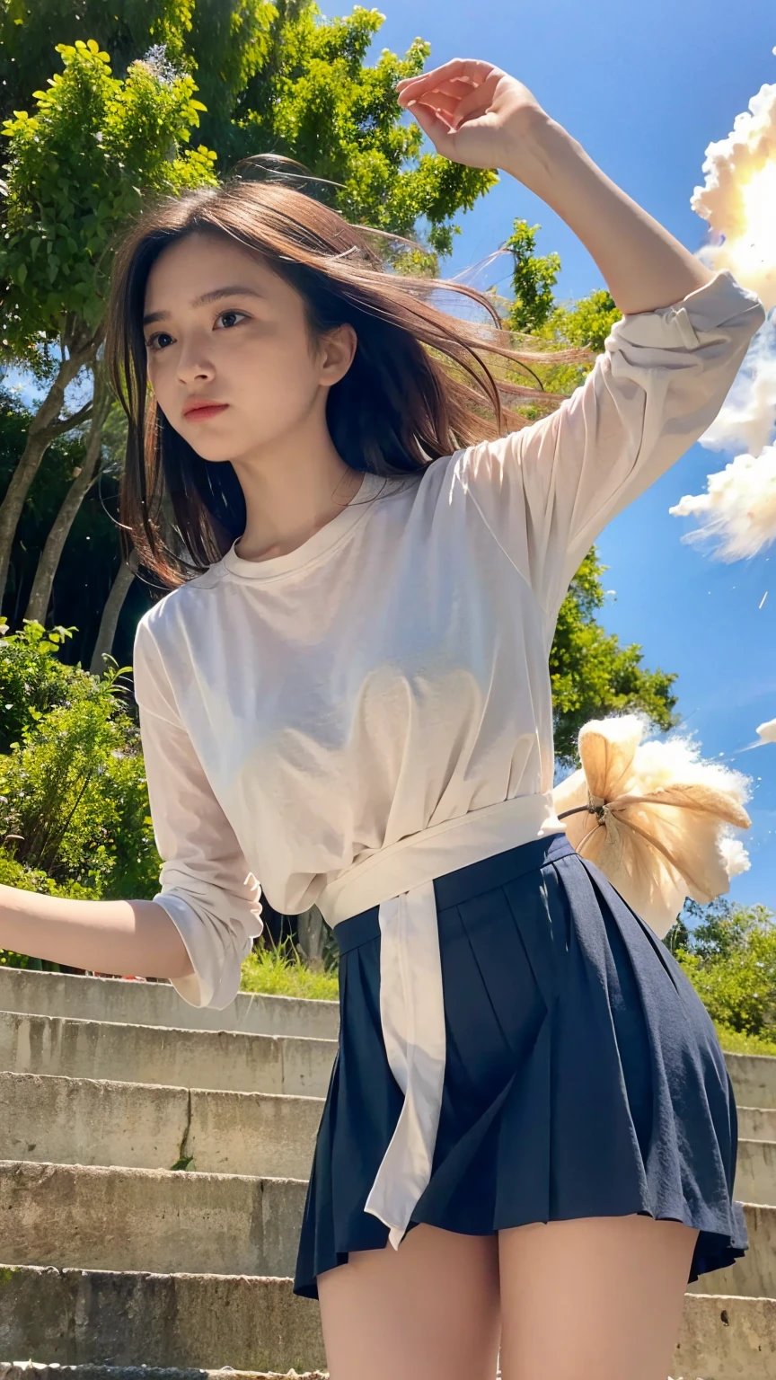 ((Viewing angle from below、Highest quality、masterpiece、32k、Every detail))、Descend the outdoor stairs、commute、Systemic symptoms、Traditional navy blue sailor uniform、White blouse、Pleated skirt、(((A strong wind blows up her hair and skirt:1.62)))、(( I always wear the strap of my bag across my body..:1.22))、One Girl, alone、(((mini skirt, No underwear:1.22)))、Big Breasts、barefoot, High heels