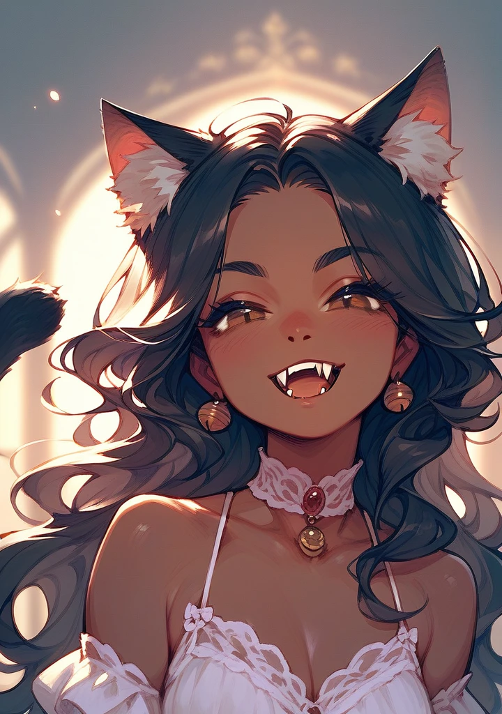 Half body, A beautiful woman, long wavy black hair, brown eyes, dark clothing, cat ears and tail, fangs, 