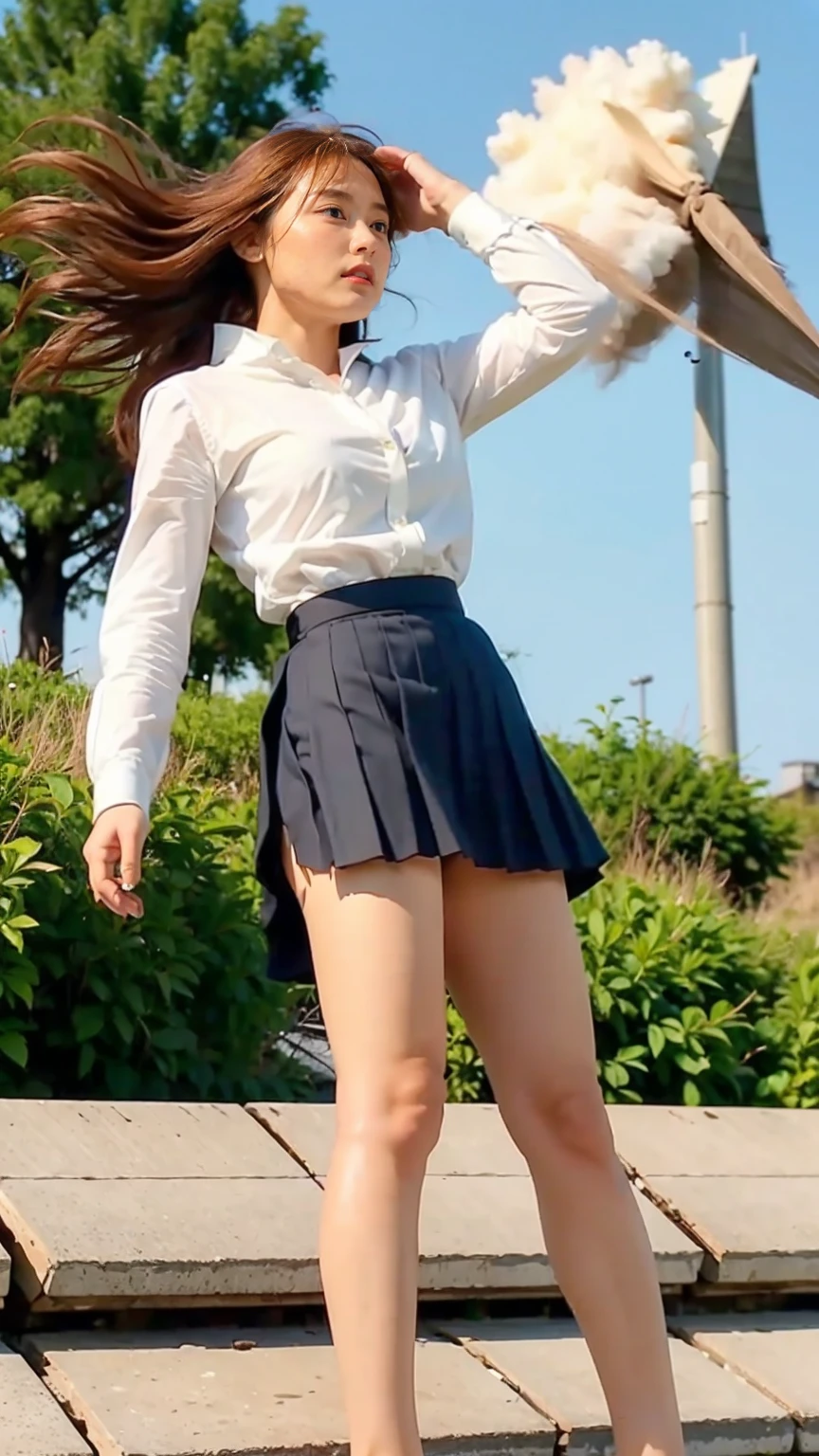 ((Viewing angle from below、Highest quality、masterpiece、32k、Every detail))、Descend the outdoor stairs、commute、Systemic symptoms、Traditional navy blue sailor uniform、White blouse、Pleated skirt、(((A strong wind blows up her hair and skirt:1.62)))、(( I always wear the strap of my bag across my body..:1.22))、One Girl, alone、(((mini skirt, No underwear:1.22)))、Big Breasts、barefoot, High heels