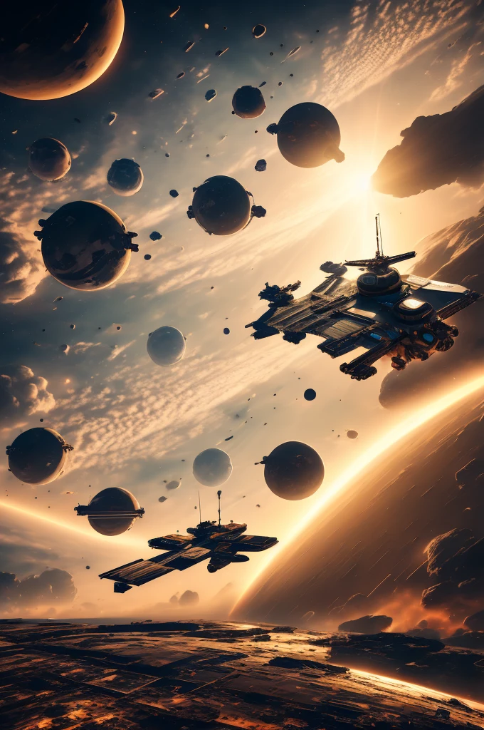 a spacecraft under construction in a space shipyard drydock with tugs and EVA astronauts all around it, masterpiece, best, photo realistic space shipyard scene, Mars in the background, outer space, futuristic space scene, asteroids, space factory, orbital shipyard, orbital space station