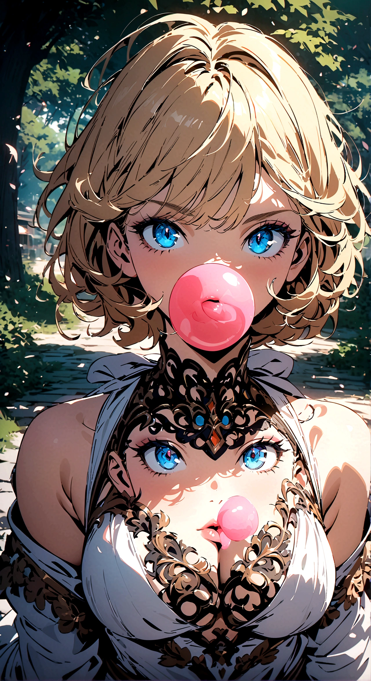 Anime art style, Spoiled brat, blond hair, perfect hair, blue eyes, chic and expensive clothes, magnificent white dress, fully white clothes, blowing pink gum, detailed gum, reflects in the gum, look of superiority, cleavage, daddy's girl park background, stone floor, wooden bench, large trees, hair floating in the wind, looking at viewer, upper body view, majestic make up, majestic face, highres, ultra-detailed, (best quality,4k,highres,masterpiece),subdued colors, vivid colors, professional lighting, detailed lips, detailed eyes.