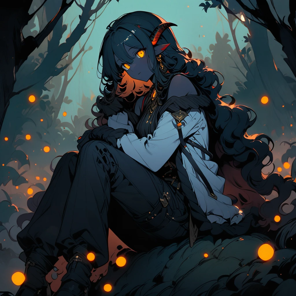 woman, black skin, sheep's tail, ears and horns, curly hair down to her black shoulders, yellow eyes, loose black shirt, white jacket with black details, black pants, black boots.
 sitting on a rock in a forest
