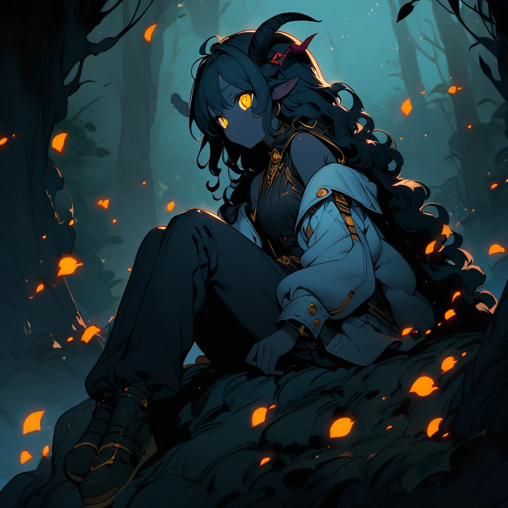 woman, black skin, sheep's tail, ears and horns, curly hair down to her black shoulders, yellow eyes, loose black shirt, white jacket with black details, black pants, black boots.
sitting on a rock in a forest