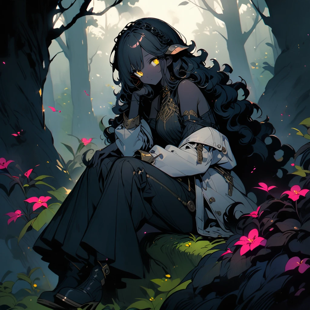 woman, black skin, sheep's tail, ears and horns, curly hair down to her black shoulders, yellow eyes, loose black shirt, white jacket with black details, black pants, black boots.
sitting on a rock in a forest