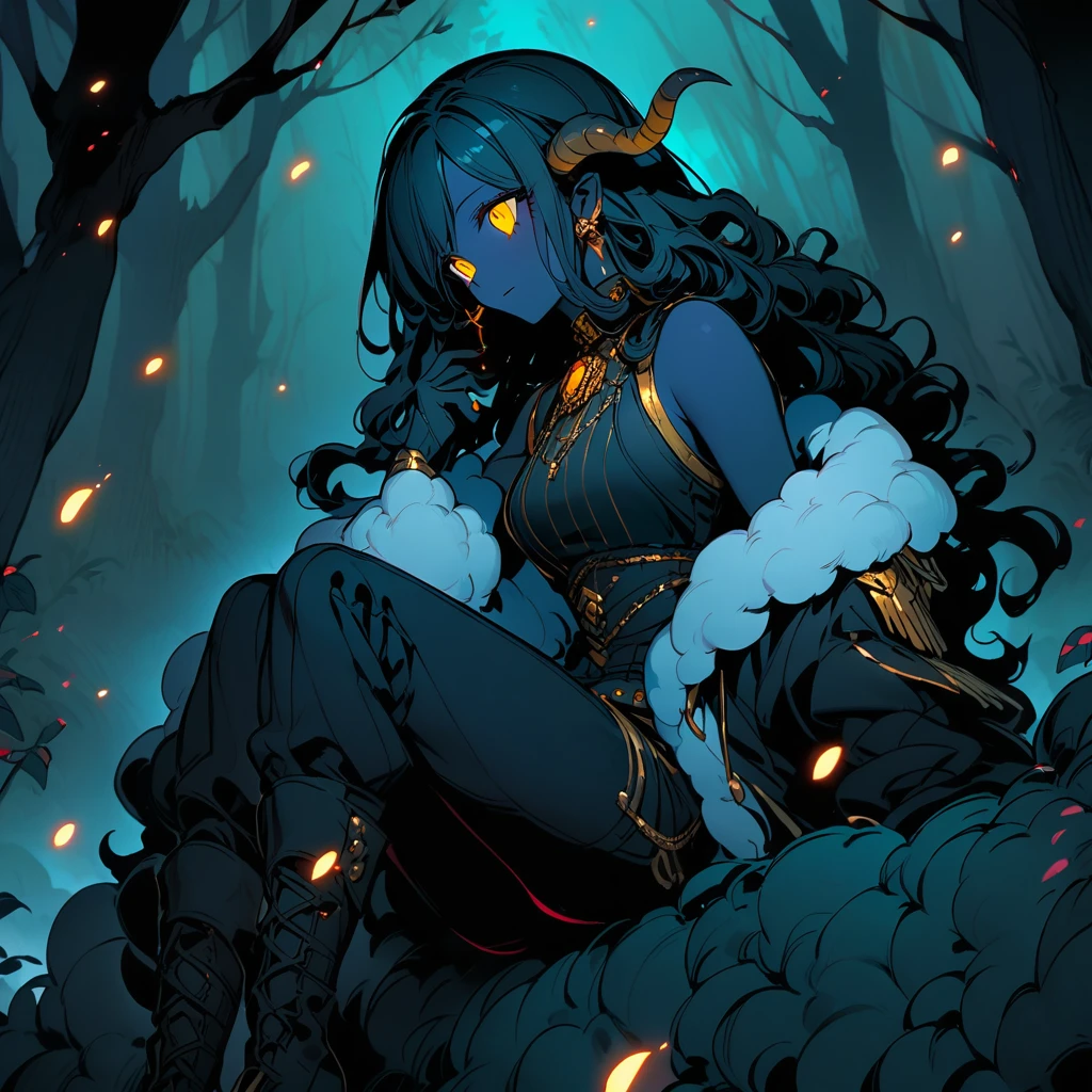 woman, black skin, sheep's tail, ears and horns, curly hair down to her black shoulders, yellow eyes, loose black shirt, white jacket with black details, black pants, black boots.
 sitting on a rock in a forest
