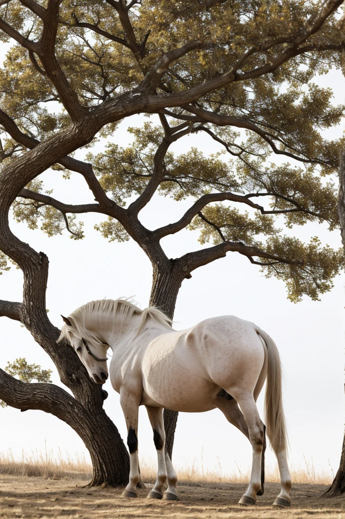 drawing, simple, horse on tree branch, that can be seen above the tree branch, brown branch, white horse