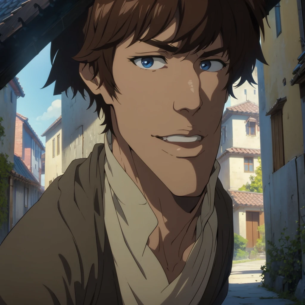 (masterpiece, best quality:1.2), 1man, solo, bara, muscular mame, portrait, medieval streets background