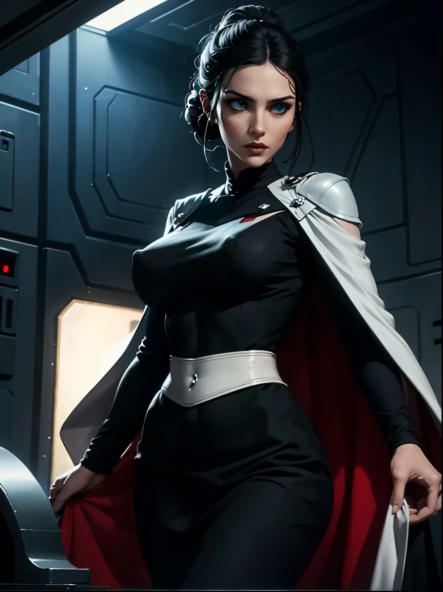 Incredibly detailed wide angle shot shot of a gorgeous and skinny woman with EXTREMELY saggy big breasts, nipples visible through clothing, a narrow waist, a incredibly supermodel thin body, with VERY narrow hips, super thin legs, (bimbo lips), vivid blue eyes, extremely detailed face, thoughtful expression, (long ((black)) hair styled in bun), Star Wars Imperial Officer black uniform, wearing a white cape, matte paint, atmospheric, dramatic lighting, standing inside an imperial space ship.