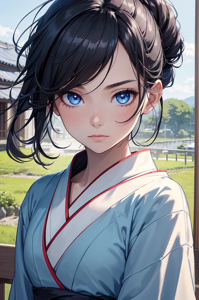 (8K, Best Quality, Masterpiece, Ultra High Resolution) 1 Girl, Young, Teen, Beautiful Eyes, Face Details, Jet Black Hair, Hair Tied Up, Blue Eyes, Pale Skin, Blue and Silver Kimono, Japanese Countryside, Best Quality, Upper Body, Looking at the Viewer, Facing Viewer, Close Up