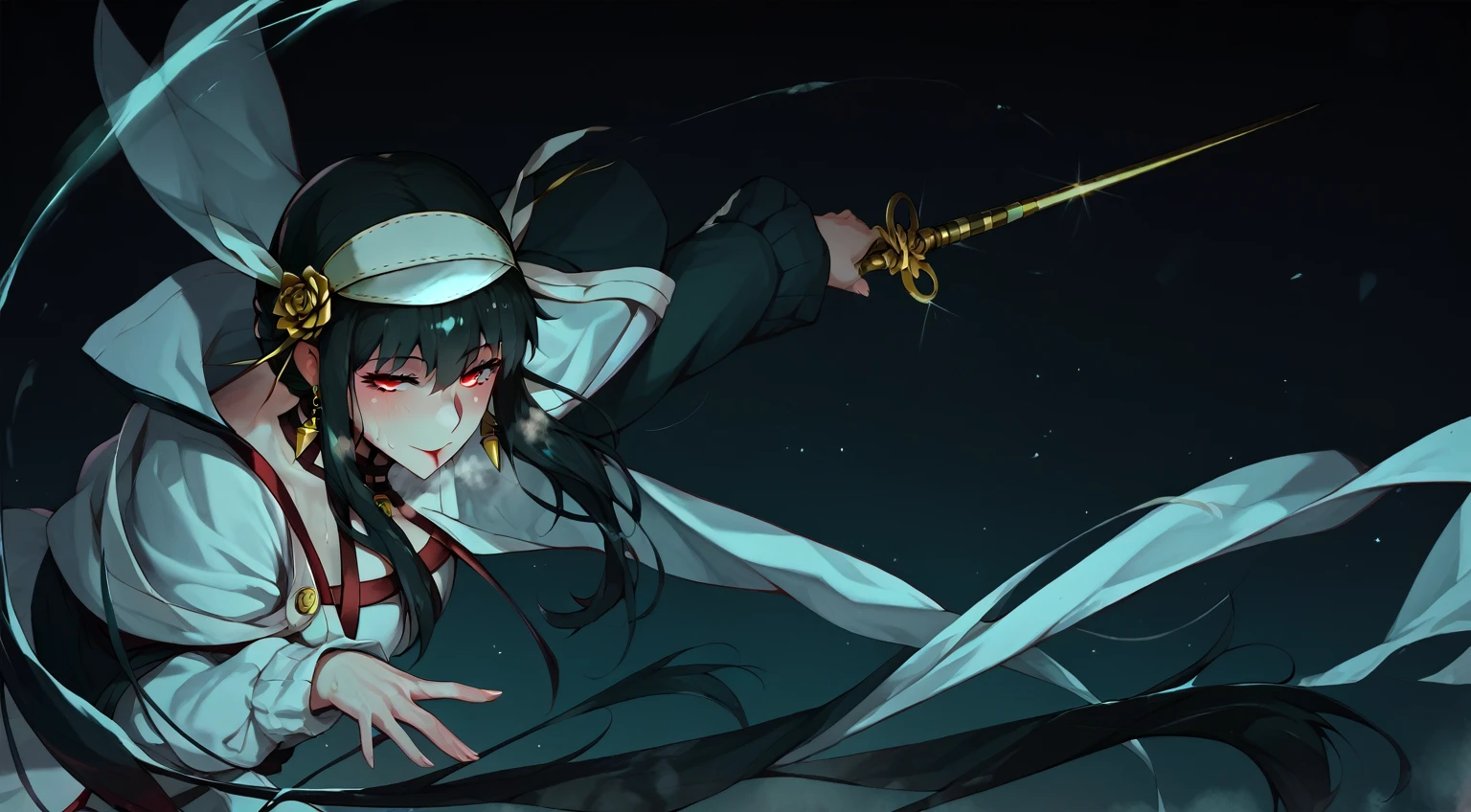 score_9, score_8_up, score_7_up, score_6_up, uncensored, Yor Briar, black hair, earrings, white hairband, hairband, long hair, sidelocks, red eyes, naughty face, shiny skin, sweating, steaming body, heavy breathing, BREAK (masterpiece:1.2), best quality, high resolution, unity 8k wallpaper, (illustration:0.8), (detailed eyes:1.3), extremely detailed face, perfect lighting, extremely detailed CG, (perfect hands, perfect anatomy), sword, 1girl, hat, holding_sword, solo, long_sleeves, blood, dusty, fantasy art,