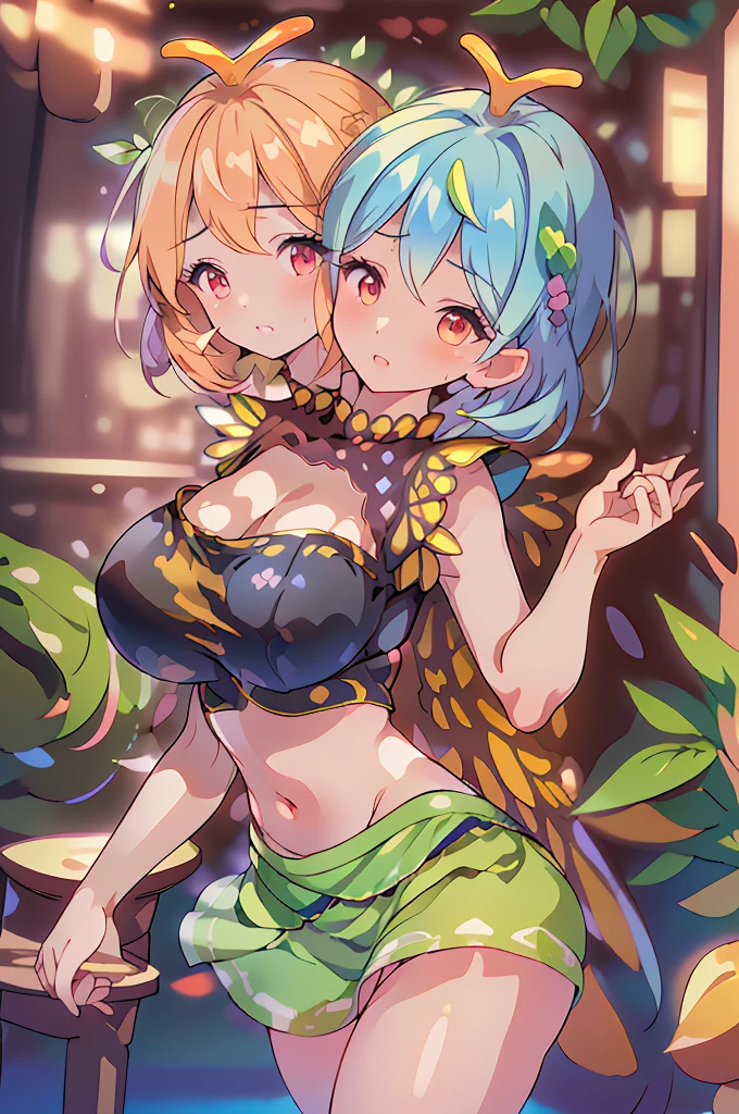 (masterpiece, best quality), best quality, (ultra-detailed), (3heads:1.5), 1girl, (eternity larva:1.3), masterpiece, best quality, ultra quality, ultra resolution, black top, crop top, ((stomach)), midriff, ((groin)), light green skirt, normal ears, shackles, short light hair, very long hair, wavy hair, peach-colored eyes, very detailed eyes, parted lips, single horn, sweat, cute, toned belly, hand on own chest, eyelashes, (25 year old woman:1.3), (masterpiece:1.5), (best quality:1.5), (beautiful detailed), extremely detailed CG, extremely delicate and beautiful, depth of field, (finely detailed face), (perfect details:1.3), (mature female:1.3), wide pelvis, slender, large veiny breast, 16k resolution, highres, high quality, high definition, extremely detailed, masterpiece, short light blue hair, long hair, alluring presence, braid, short skirt, close up, very big tits, huge tits, young, black and yellow wings, spotted with bits of blue and purple,