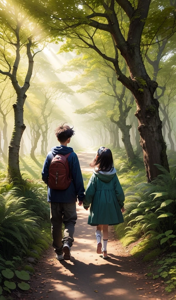 (Anime style, highly detailed), enchanted forest background with vibrant colors and sunlight filtering through the trees. One boy and one girl, happy children walking hand in hand on a mossy path with dense foliage all around, evoking a sense of wonder and adventure.