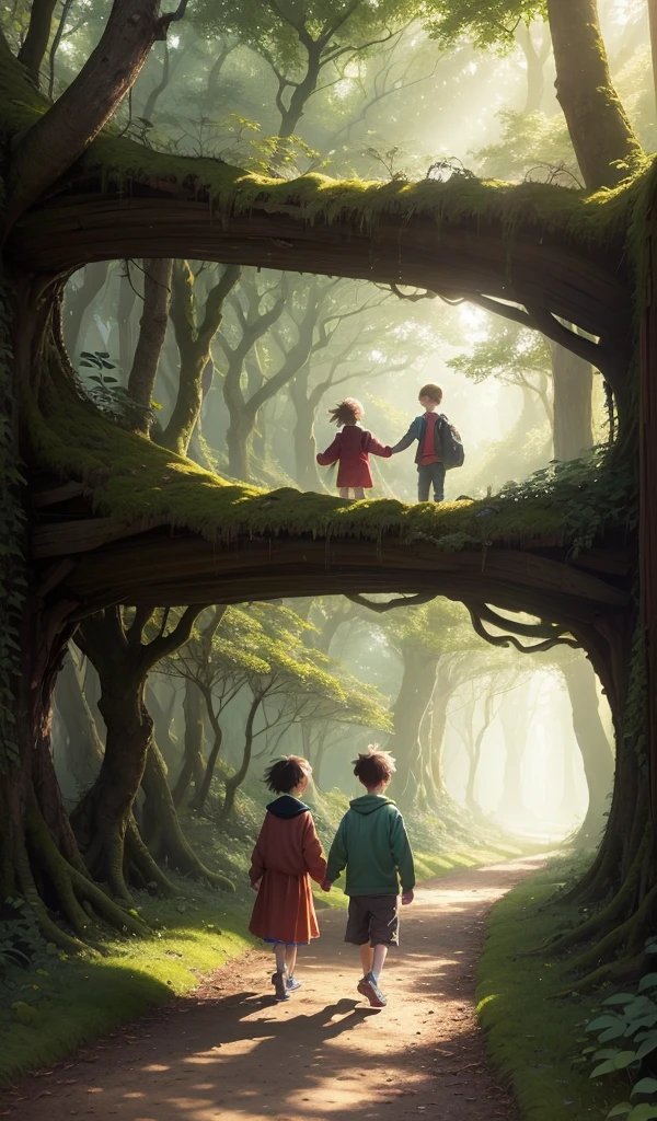 (Anime style, highly detailed), enchanted forest background with vibrant colors and sunlight filtering through the trees. One boy and one girl, happy children walking hand in hand on a mossy path with dense foliage all around, evoking a sense of wonder and adventure.