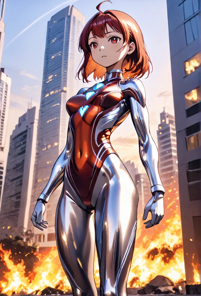 1girl, solo, anime style, 4k quality, masterpiece, best quality, ultra series, sword art online, ****ta, cat girl, yui, long hair, blunt bangs, white hair, very long hair, high ponytail, cat ears, cat tail, barefoot, ultragirl, robot, bodysuit, colored skin, glowing eyes, yellow eyes, flat chest, giantess, giant, metallic face, metallic skin, shiny skin, chrome skin, gem on chest, colour timer on chest, chest jewel, blue jewel, muscular, abs, muscular female, Female Bodybuilding Style, ultra beam ( a cross-shape or an L-shape with your arms and firing a beam from your upright arm), thick_thighs, looking at viewer, full body, smile face, open mouth, standing, giantess, outdoor, city, citycape, skyscraper, Highest image quality,8K beautiful detailed ****ung girl,(bright red hair:1.5),short bob,red eyes, (Ultra Girl :1.0), (silver and red ultraman bodysuit:1.4),big breasts,(Put your hands on your hips:1.2),(fist:1.2),The burning city,large number of buildings,Ruined buildings,In flames