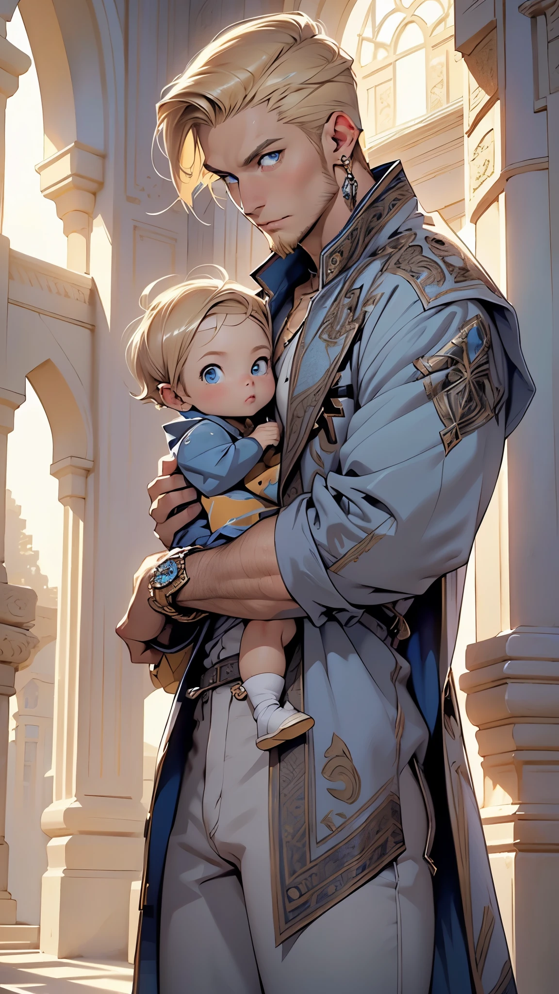 (man:1.5),1 man,male, muscle, 1boy, muscle, pectoral, muscular, Mature man,45 year,1 man,macho man,((blonde hair,nice hair style,short blonde hair)),(((blonde very short beard, blonde very short beard))), (((blue_eyes:1.3))),intricate eyes,beautiful detailed eyes,symmetrical eyes,thicc, ((detailed face)),macho man,
(male caucasian prince),prince,
(((lustrous skin:1.5,tanned skin,bright skin: 1.5,skin tanned,shiny skin,very shiny skin,shiny body))),powerful,heroic,nsfw,
caucasian,elegant,
(open coat, arabian fashion,arabian coat, jeans,white shirt, masculine features, modern style,arabian clothes),(((blue coat, blue coat outfit, wearing a blue coat:1.3,arabian blue coat))),(arabian jewelry,intricate necklace),((bulge in pants)),(((intricate outfit,intricate clothes,ornate outfit))),
(dynamic pose:1.0),embarrassed,(centered,scale to fit dimensions,Rule of thirds),
indoors,(huge columns of an Arab palace,arab palace,arab palace background),scenery,extremely scenery,arab style,
(Glossy winter ornaments),highres,sharp focus,(ultra detailed,extremely detailed),(photorealistic artwork:1.37),(extremely detailed CG unity 8k wallpaper),(((vibrant colors,vibrant theme))),(intricate),(masterpiece),(best quality),artistic photography,(photography taken by sldr),(intricate background),perfect rendered face,perfect face details,realistic face,photo realistic,((intricate detail)),(((realism))),