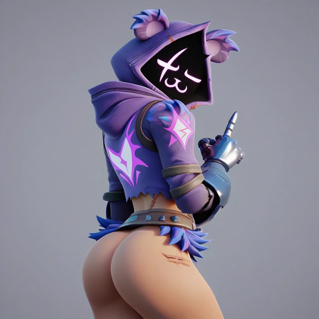 Raven team leader,purple hoodie, with no face, shadowed face, animal ears,purple skin, scar on eye, body skin, purple fur, waist belt, torso symbol, metal gloves, pointing your ass at the viewer, leaning forward, pushing, she closes her eyes, hands resting on top of a small wall, her with her eyes closed, hands are not in the air, expression of force, clear and blue day
