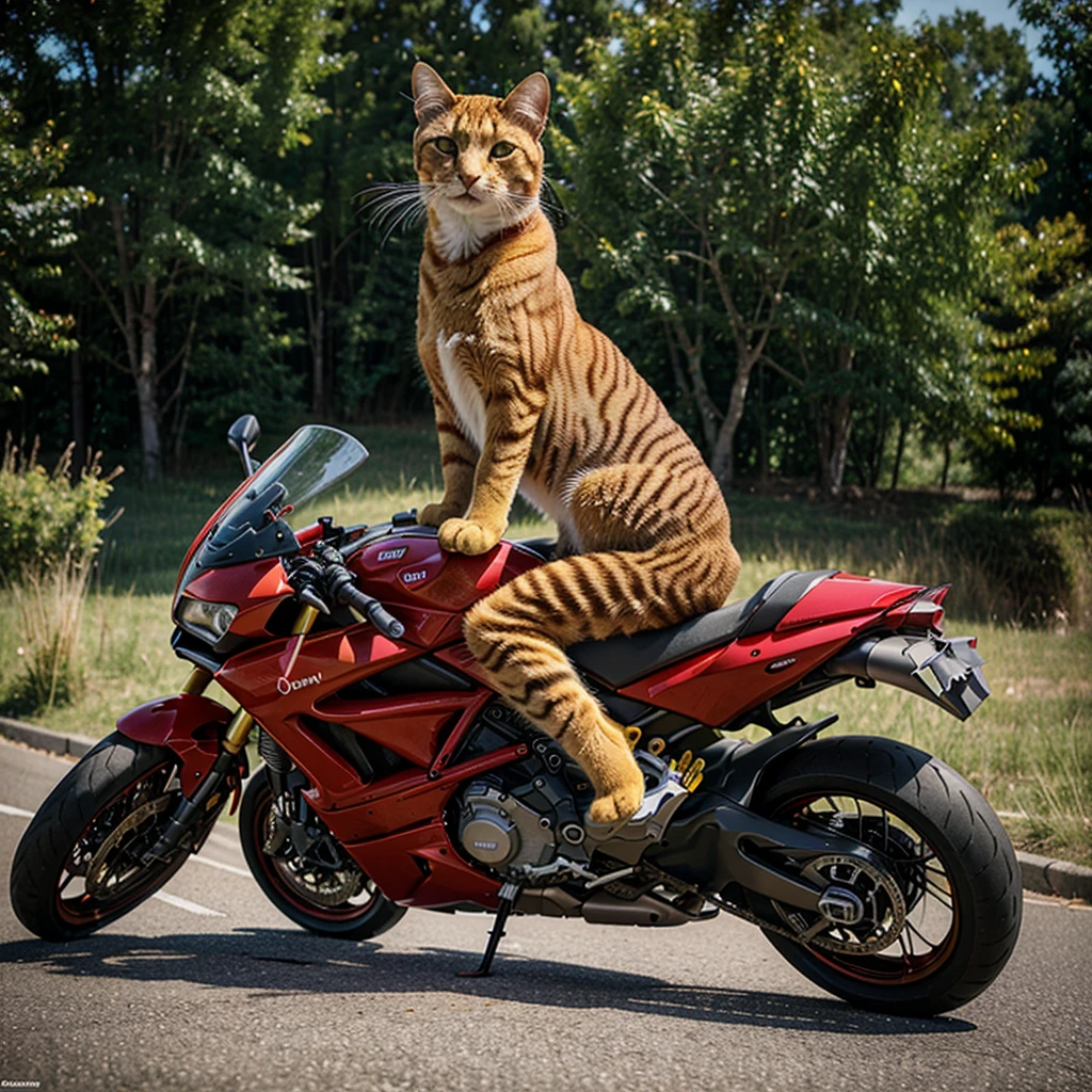 A yellow cat,Riding a red Ducati,Photorealistic feeling,Real-life cat,The picture has strong contrast,