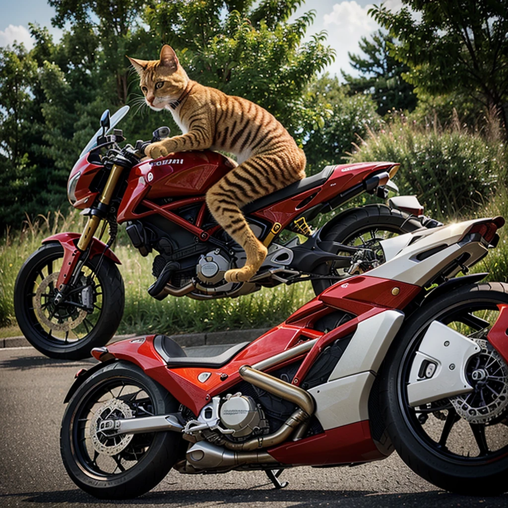 A yellow cat,Riding a red Ducati,Photorealistic feeling,Real-life cat,The picture has strong contrast,