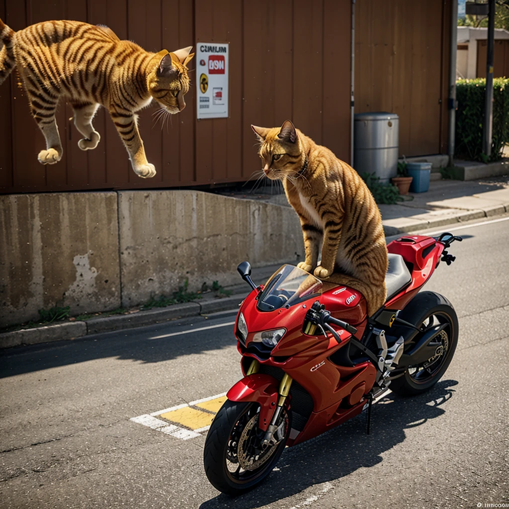 A yellow cat,Riding a red Ducati,Photorealistic feeling,Real-life cat,The picture has strong contrast,