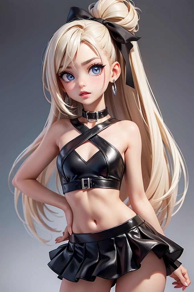 hyperrealistic  american teen, blonderfect tiny body, sexy, dark makeup, small choker, perfect slim face, big red lips, very cute face, tiny body, big eyes, young looking, childish looking, big earrings, silver party top, silver party skirt, perfect belly