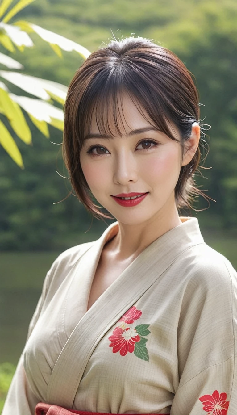 masterpiece,Highest quality,wonderful,(Mature Woman:1),(Mature Woman:1.3), (50歳のMature Woman.1.3)(((Very large breasts)))、(((Big big boobs)))、(((Big big cleavage)))、{Japanese countryside(Rice field footpath)}、Cute Smile、Well-tanned skin、Delicate and precise skin texture、(Plump figure)、disheveled brown hair、Japanese women、(Big Ass)、Thick thighs、Bright red lips、Thick upper arms、Wearing an old yukata with a sober color、