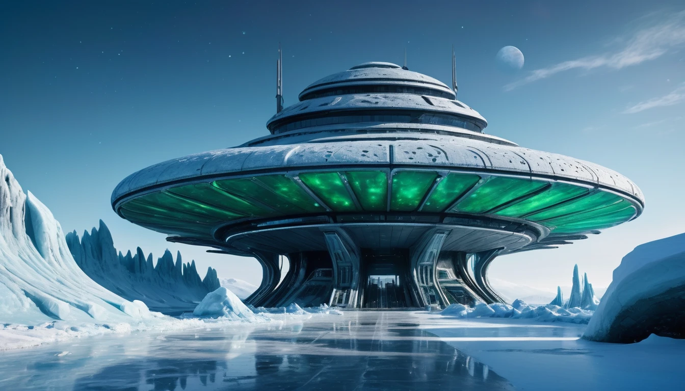 On a frozen planet, an alien spaceship of futuristic and organic design is parked on the icy surface. The ship has an imposing structure with curved shapes and luminous details that shine with blue and green tones.... Several members of the alien crew descend an extended ramp from the ship... These aliens have exotic shapes., with vibrantly colored skins and space suits adapted to the icy environment, showing advanced and incomprehensible technologies. In the background, A minimalist and brutalist concrete station is erected.. The station has straight and robust lines., with a solid and monolithic appearance, contrasting with the icy surroundings. The structure is simple but imposing., with large concrete blocks, small windows and thick walls that seem impenetrable.The sky is a deep blue with a faint glow of distant stars., and the surface of the planet is covered in ice and snow., reflecting the faint light of the distant sun. The atmosphere is cold and silent., with an air of mystery and adventure. cinematic lighting, very high resolution, 4k hyperrealistic image

