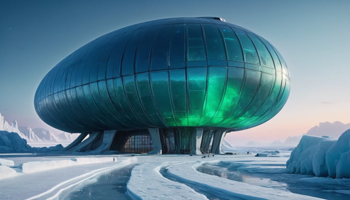On a frozen planet, an alien spaceship of futuristic and organic design is parked on the icy surface. The ship has an imposing structure with curved shapes and luminous details that shine with blue and green tones.... Several members of the alien crew descend an extended ramp from the ship... These aliens have exotic shapes., with vibrantly colored skins and space suits adapted to the icy environment, showing advanced and incomprehensible technologies. In the background, A minimalist and brutalist concrete station is erected.. The station has straight and robust lines., with a solid and monolithic appearance, contrasting with the icy surroundings. The structure is simple but imposing., with large concrete blocks, small windows and thick walls that seem impenetrable.The sky is a deep blue with a faint glow of distant stars., and the surface of the planet is covered in ice and snow., reflecting the faint light of the distant sun. The atmosphere is cold and silent., with an air of mystery and adventure. cinematic lighting, very high resolution, 4k hyperrealistic image