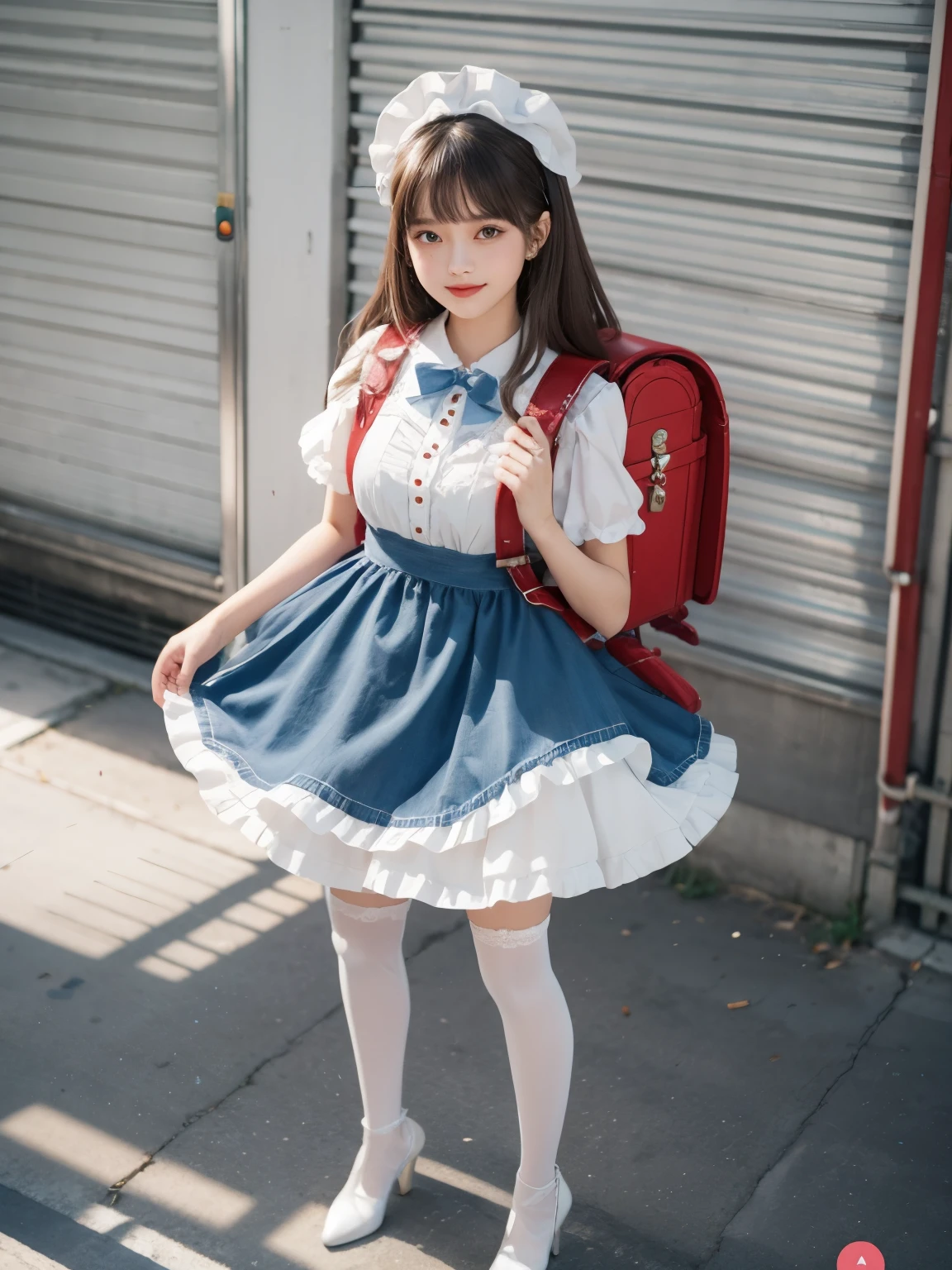 best quality, quality, masterpiece,  1girl, solo, highschool girl, tall height body, full body, standing, long hair, straight hair, blunt bangs, looking at viewer, smile, blue dress,lolita dress, shiny dress, bow, apron, frills, puffy short sleeves, hair ornament, accessories, cute toy doll, white thighhighs, white long socks, fullbody, Standing , white high heels boots, colorful dress, street, wearing red backpack, (backpack:1.2)