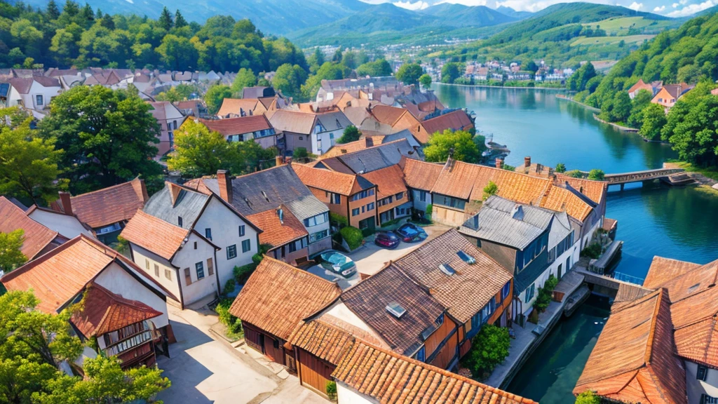 Beautiful village scene, Aerial view, Photorealistic photos. 8K