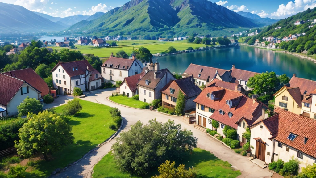Beautiful village scene, Aerial view, Photorealistic photos. 8K