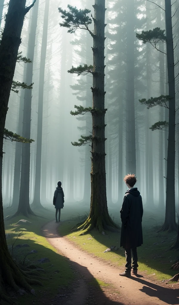 (Anime style, highly detailed), deep forest with an eerie atmosphere. One boy and one girl looking lost and worried with towering trees casting long shadows and fog creeping along the ground, creating a feeling of isolation and fear.