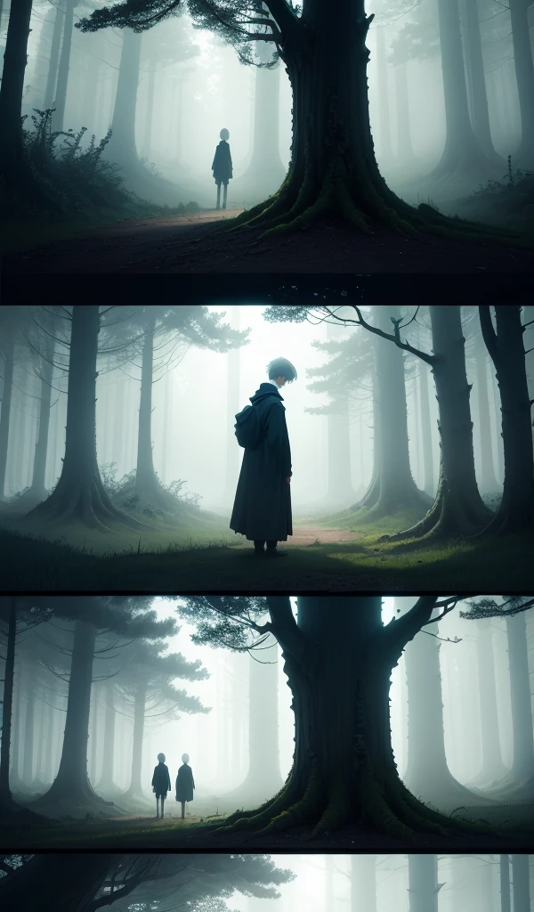 (Anime style, highly detailed), deep forest with an eerie atmosphere. One boy and one girl looking lost and worried with towering trees casting long shadows and fog creeping along the ground, creating a feeling of isolation and fear.