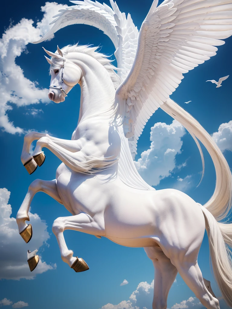 (((Highest quality, masterpiece, Ultra-high resolution, Realistic:1.4, RAW Photos, 非常にdetailed, Perfect Anatomy, A pure white Pegasus:1.5,Pegasus is pure white and has long wings.,Pegasus has long wings and is about to take off.:1.5,Full body photo,)))((Highest quality)), ((masterpiece)), (detailed), The pure white Pegasus is about to take flight,Impressive