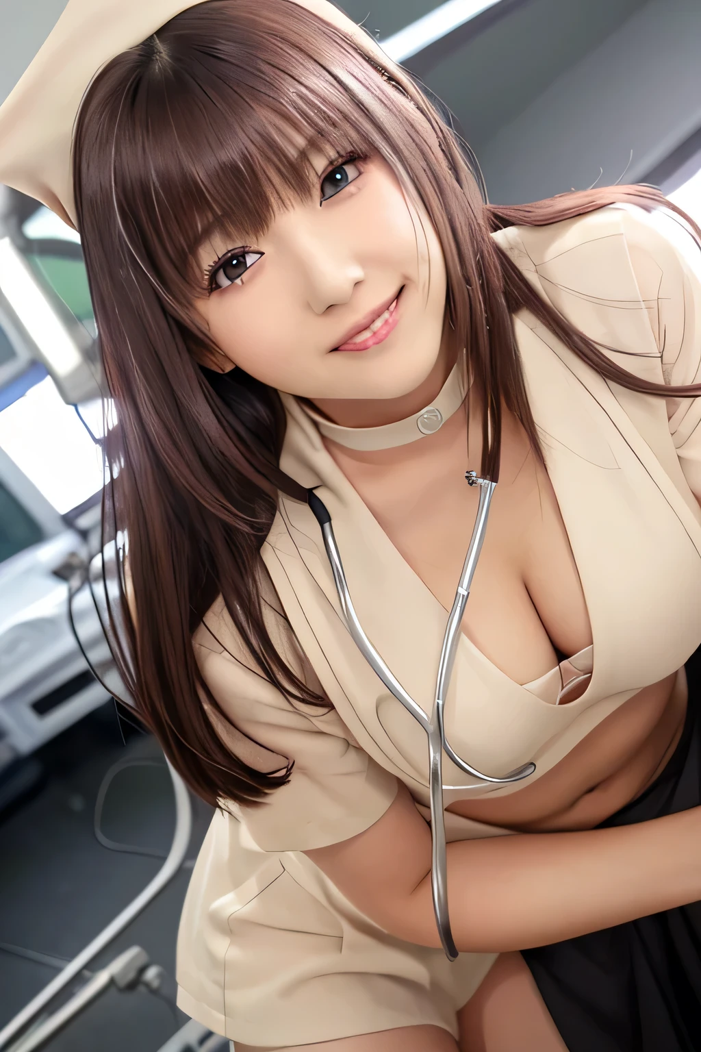 (Highest quality, masterpiece:1.3, Ultra-high resolution), (Very detailed), (Realistic:1.4, RAW shooting), ((nurse:1.2)), ((the body is slim)), girl, Japanese, cute, Straight Long Hair, Big Breasts, Turn your body forward, (View from the front:1.1), Looking into the camera, focused on the chest, Light brown hair, ((Black Choker)), Very long and bushy eyelashes, blue eyes, bangs、 ((Wicked Smile)), ((Full body portrait)), High leg、Hospital room