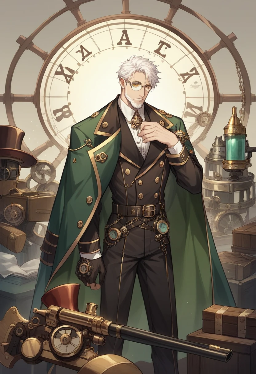 steampunk diner, blacksmith working, male, fully body, lilac eyes, mad look, glad, white hair, white bearded, steampunk glasses, steampunk tool belt, a rifle on the back, and a revolver on his waist, wearing black clothes with silver accessories, wearing a green coat with gold details, metal forge accesses in the background, gear, boxes and miscellaneous parts scattered around