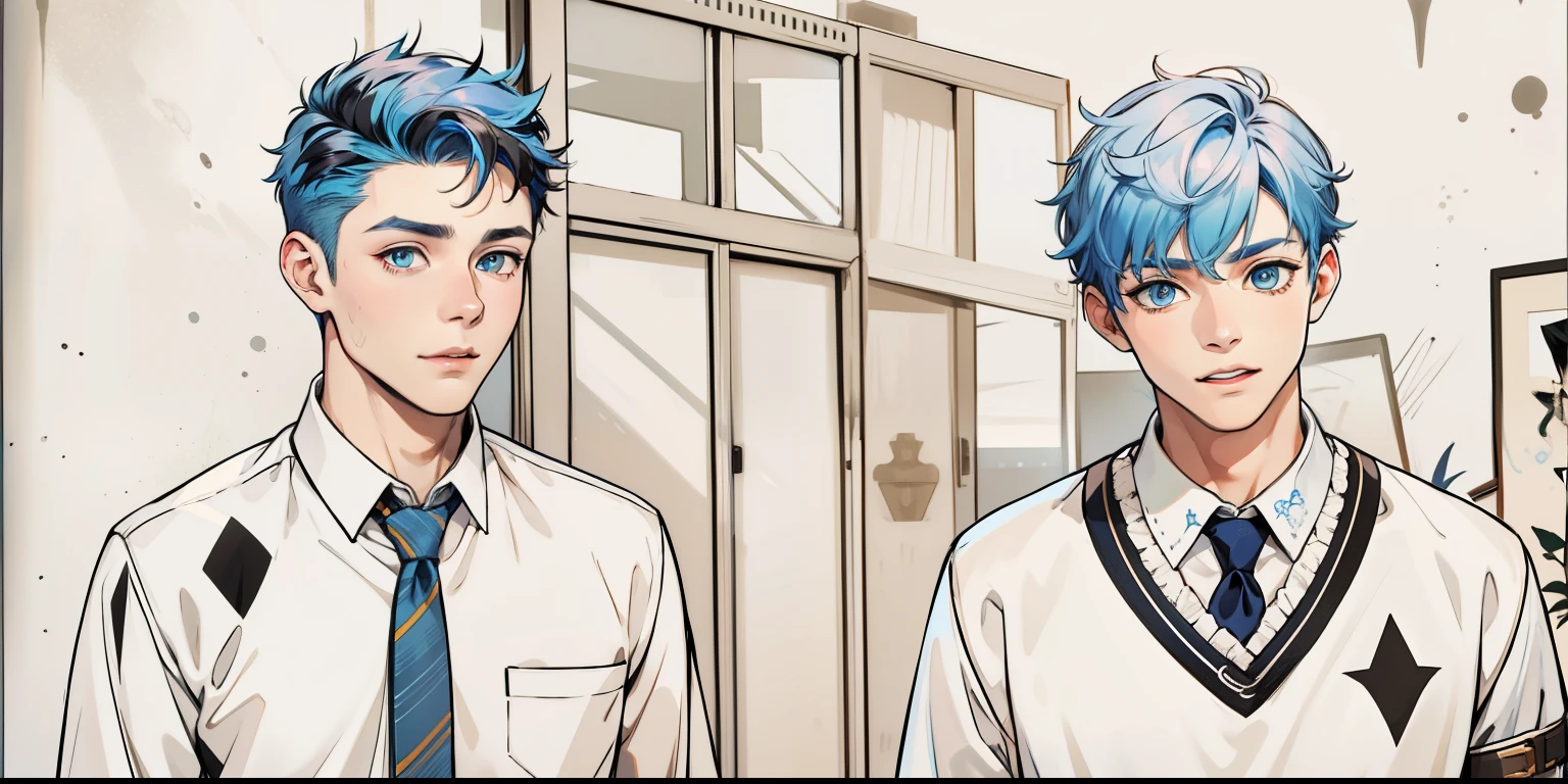 two cute boys with blue hair and the other with black hair and blue eyes