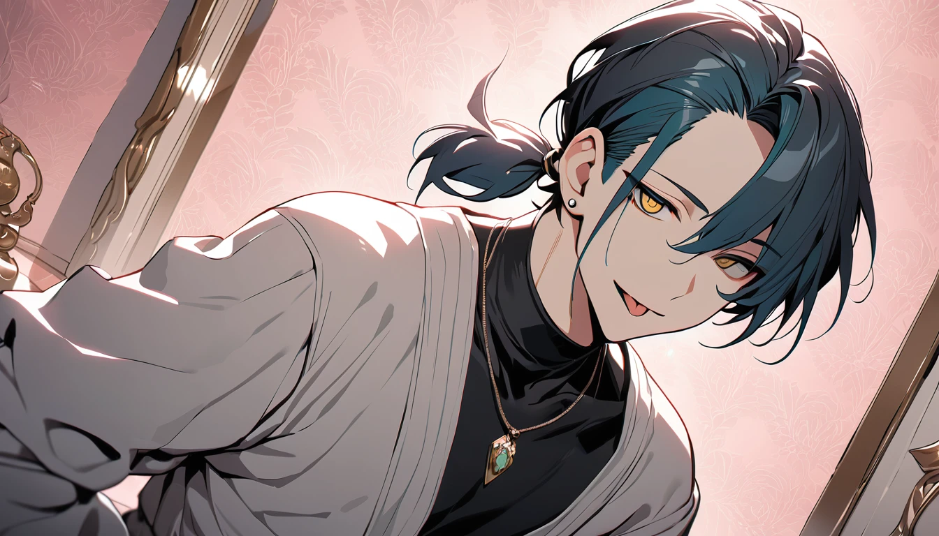 ((((best masterpiece, best quality, wallpaper,)))) solo, guy, male body, small muscles, flat chest, 1male, 30 years old, handsome man, dramatic angle, upper body, looking at viewers, beautiful detailed, tongue out, mediumturquoise hair, ((((Lower short ponytail)))), asymmetrical bangs, ((short hair,)) ((( jitome, gold eyes, ^o^, tareme, droopy eyes,))) (((perfect face, extremely detailed eyes,))) perfect hands, sharp nose, clear face, black turtleneck, grey cardigan, ((silver piercing, pendant,)) leggings, pink background color ultrasharp, 8K, masterpiece,