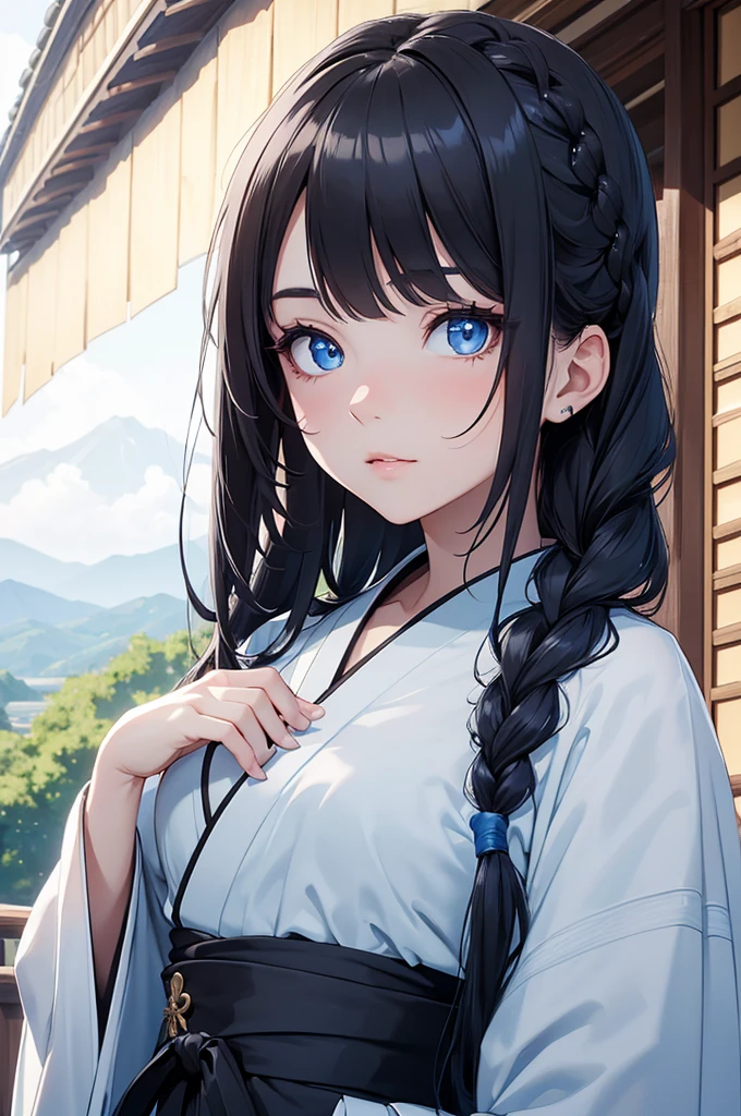 (8K, Best Quality, Masterpiece, Ultra High Resolution) 1 Girl, Young, Teen, Beautiful Eyes, Face Details, Jet Black Hair, Braided, Blue Eyes, Pale Skin, Blue and Silver Kimono, Japanese Countryside, Best Quality, Upper Body, Looking at the Viewer, Facing Viewer, Close Up