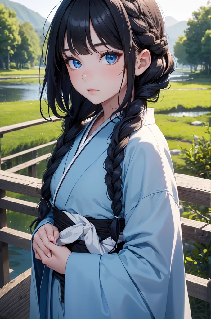 (8K, Best Quality, Masterpiece, Ultra High Resolution) 1 Girl, Young, Teen, Beautiful Eyes, Face Details, Jet Black Hair, Braided, Blue Eyes, Pale Skin, Blue and Silver Kimono, Japanese Countryside, Best Quality, Upper Body, Looking at the Viewer, Facing Viewer, Close Up