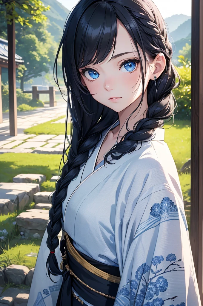 (8K, Best Quality, Masterpiece, Ultra High Resolution) 1 Girl, Young, Teen, Beautiful Eyes, Face Details, Jet Black Hair, Braided, Blue Eyes, Pale Skin, Blue and Silver Kimono, Japanese Countryside, Best Quality, Upper Body, Looking at the Viewer, Facing Viewer, Close Up