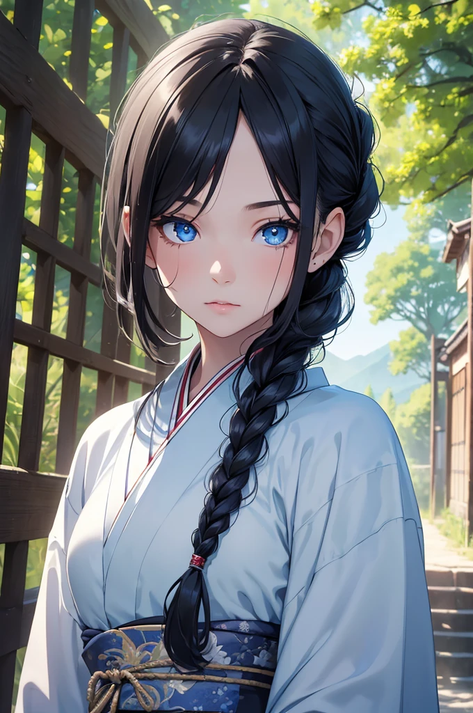 (8K, Best Quality, Masterpiece, Ultra High Resolution) 1 Girl, Young, , Beautiful Eyes, Face Details, Jet Black Hair, Braided, Blue Eyes, Pale Skin, Blue and Silver Kimono, Japanese Countryside, Best Quality, Upper Body, Looking at the Viewer, Facing Viewer, Close Up