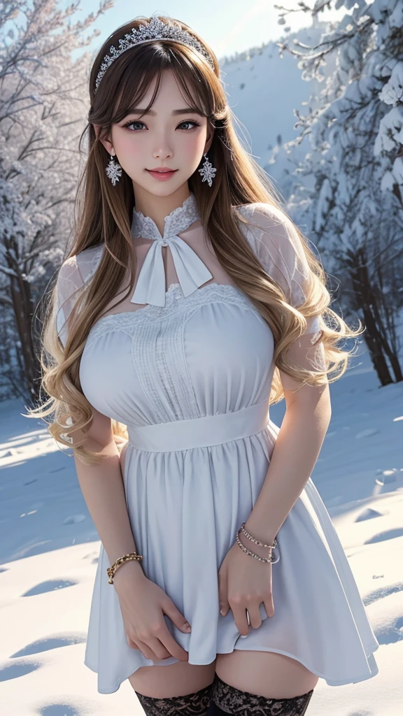Winter gives snowflakes to Spring. His enjoyable expression, the shine of the snow he holds, and the landscape of the snowy field behind him are impressive. 8K , HD, highly detailed, realistic, photography, photo realism --ar 9:16 -- at 6.0 --s 750,alone, Long Hair, View your viewers, Blonde, Brown eyes, gem, whole body, Realistic, Sexy、Big Breasts 、stockings、clip on earrings,during,bracelet、embarrassed,blouse、princess dress
