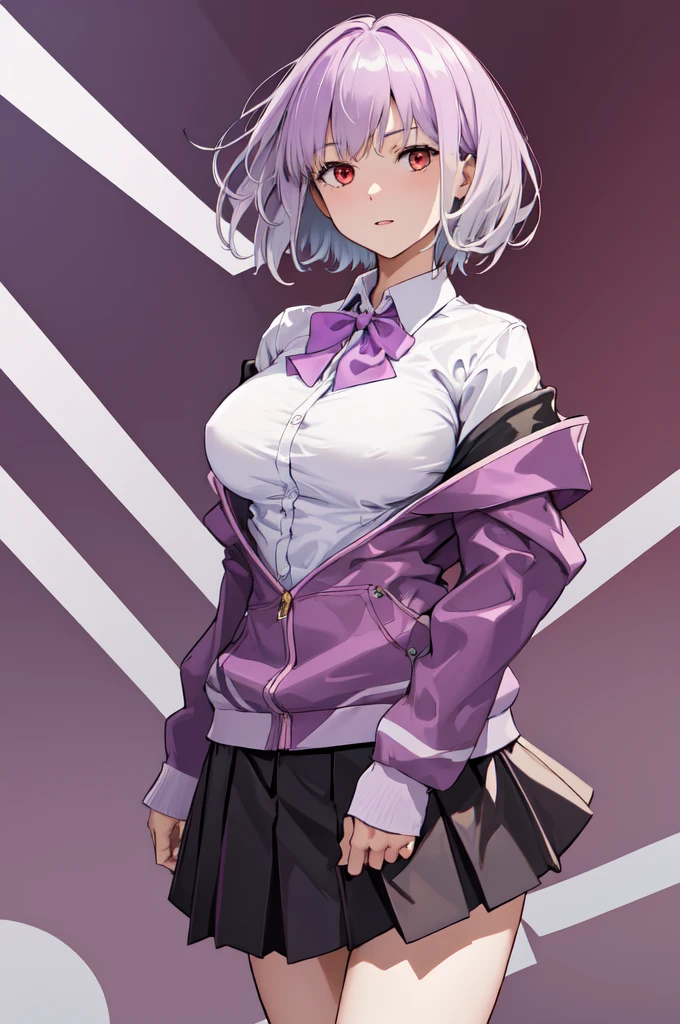 masterpiece, best quality, highres, aaakane, short hair, red eyes, large breasts, purple bowtie, collared shirt, white shirt, off shoulder, purple jacket, partially unzipped, long sleeves, sleeves past wrists, pleated skirt, black skirt, pantyhose, cowboy shot, standing, sky,Corruption,