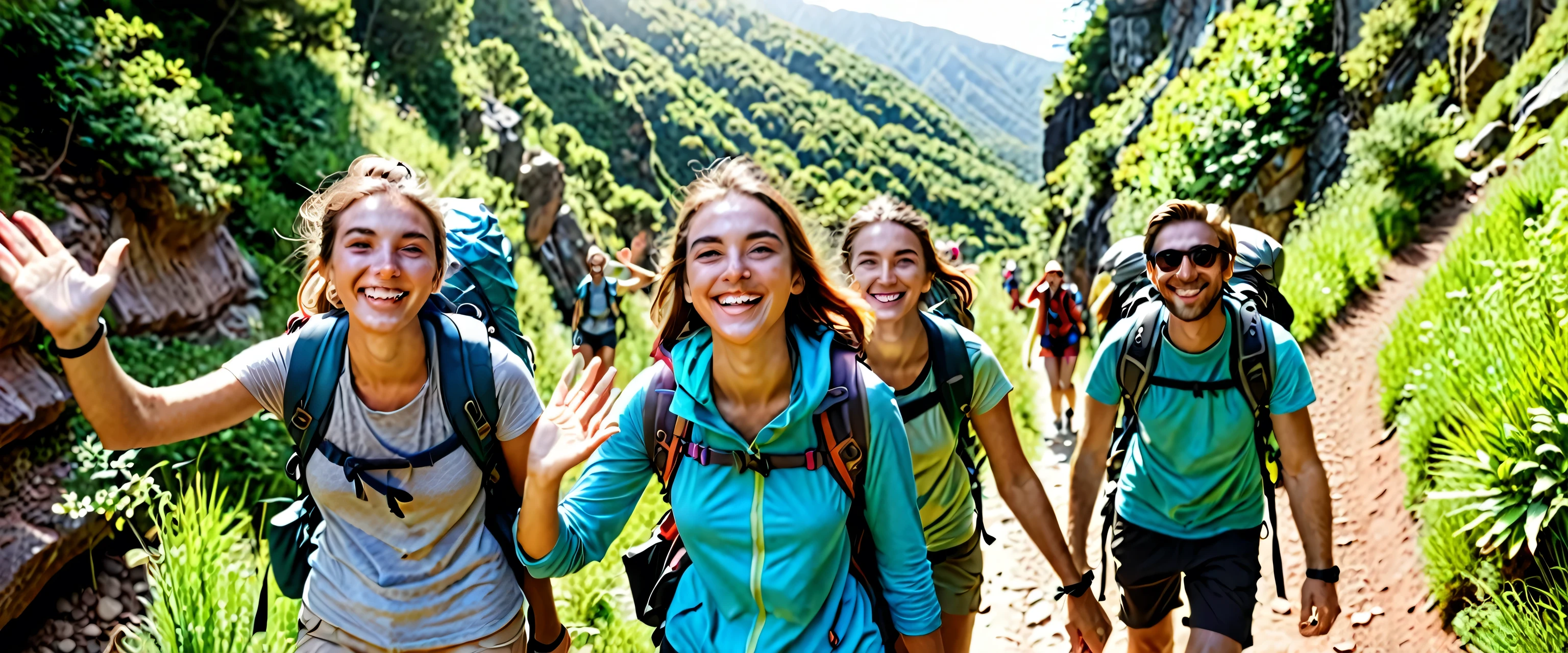 Group of happy backpackers trekking on a sunny day. Young tourists traveling and enjoying active summer holidays. Smiling woman looking at the camera and waving walking down a hiking trail with friends 