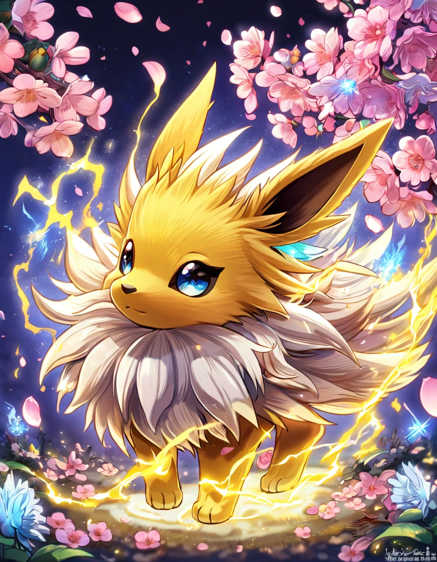 absurdres, highres, ultra detailed, HDR, master piece, Jolteon, Pokemon, extremely cute, best quality, blossoms, pink petals, pink flowers, fantasy, magical, solo, yellow lightning, blue shining fireflies