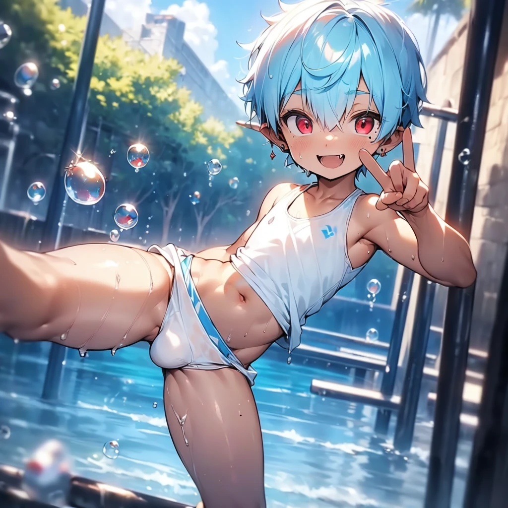 (solo:2), (boldline:-1.7), (peace sign:1.75), (arched back:1.2), ((bubble)), (spread legs:1.3), (standing:1.5), (((fang))), (((best finger))), BREAK (best quality:1.5), (absolutely resolution:1.5), (ultra detailed:1.5), (masterpiece:1.5), (perfect face), (detailed face), (detailed eyes), (best eyes), (cute face), (shota:2.1), BREAK (white tank top:1.5), BREAK (white loincloth:1.5), (see throgh wet clothes:1.4), (bulge:1.6), (skinny:1.3), (spiked hair), BREAK (light blue hair:1.5), (wine red eyes:1.4), (eyes with highlight:1.6), ((mole under eye)), (sweaty skin), (chuckling:1.5), ((earrings)), (shiny skin:1.3), BREAK (nature), (river), (forest), (sunlight), ((wind blowing)), ((nipple)), (abs), groin, water splashing,