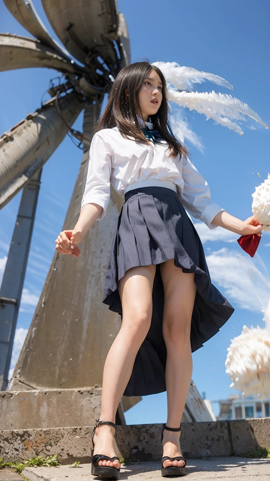 ((Viewing angle from below、Highest quality、masterpiece、32k、Every detail))、Descend the outdoor stairs、commute、Systemic symptoms、Traditional navy blue sailor uniform、White blouse、Pleated skirt、(((A strong wind blows up her hair and skirt:1.62)))、(( I always wear the strap of my bag across my body..:1.22))、One Girl, alone、(((mini skirt, No underwear:1.22)))、Big Breasts、barefoot, High heels
